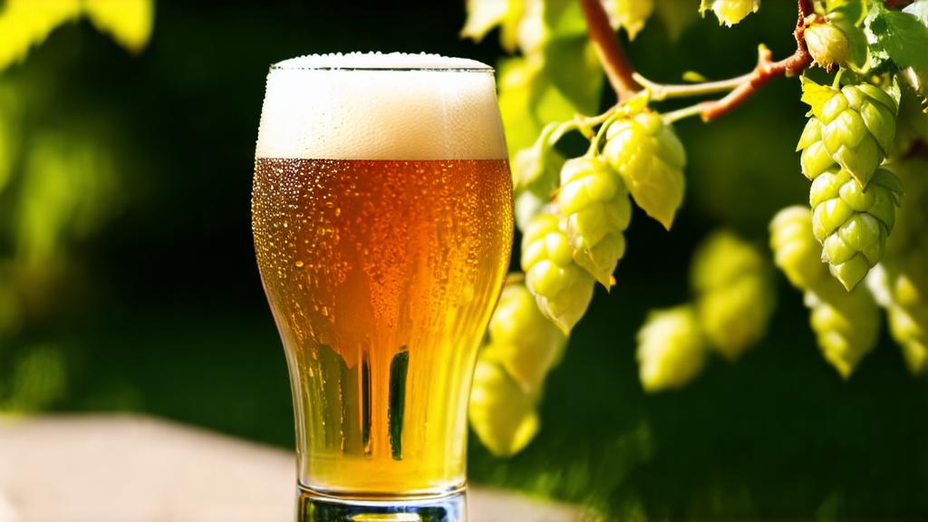 Golden kettle sour beer with thick white head in craft glass, summer garden background, professional beer photography