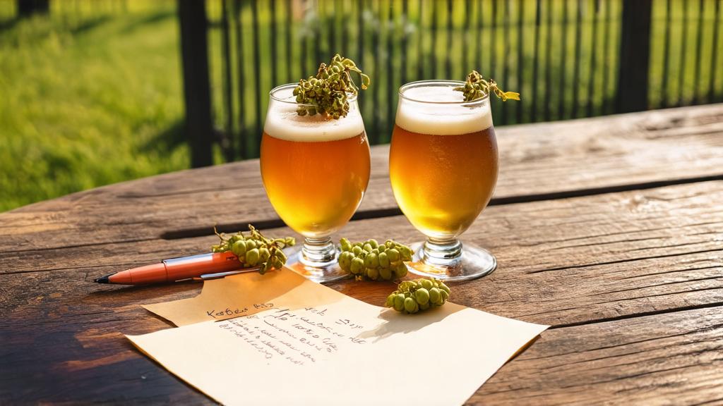 Two kettle sour beers in craft glasses with tasting notes, hops and fruit garnish on wooden table, golden hour light