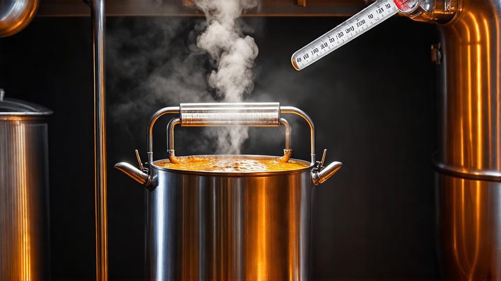Stainless steel kettle containing wort with steam rising, thermometer visible, garage brewery lighting