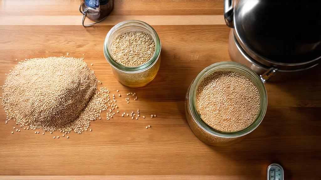 Overhead shot of lactobacillus culture preparations, pale malt grains, temperature thermometer on wooden brewing table