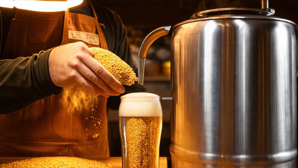 Brewing ingredients and equipment laid out: kettle, scales, grain mill, hops, and yeast