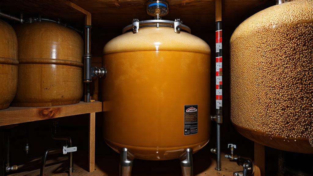 Active fermentation in a glass carboy with cloudy amber millet wort, airlock bubbling