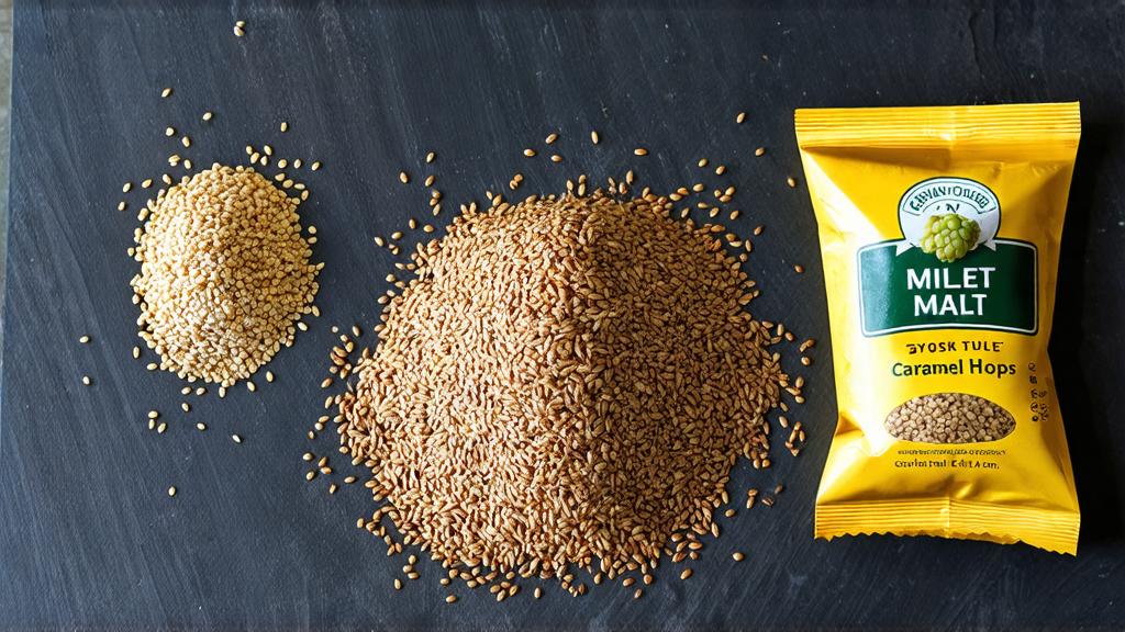 Millet malt ingredients: pale, caramel, and specialty varieties laid out on slate
