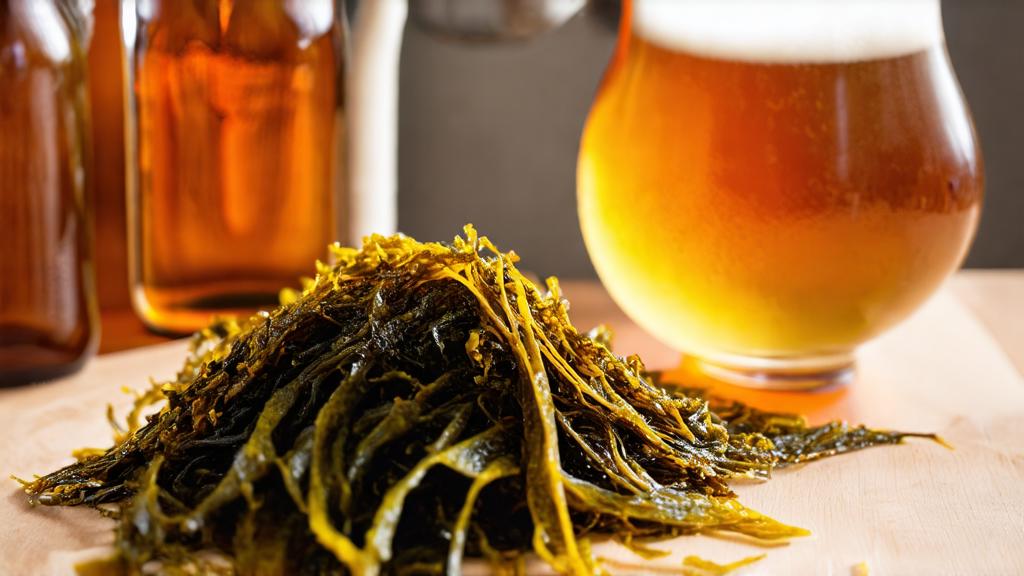 Dried sugar kelp laid out on wooden table, with malts, hops, and a hydrometer for a seaweed ale brew day