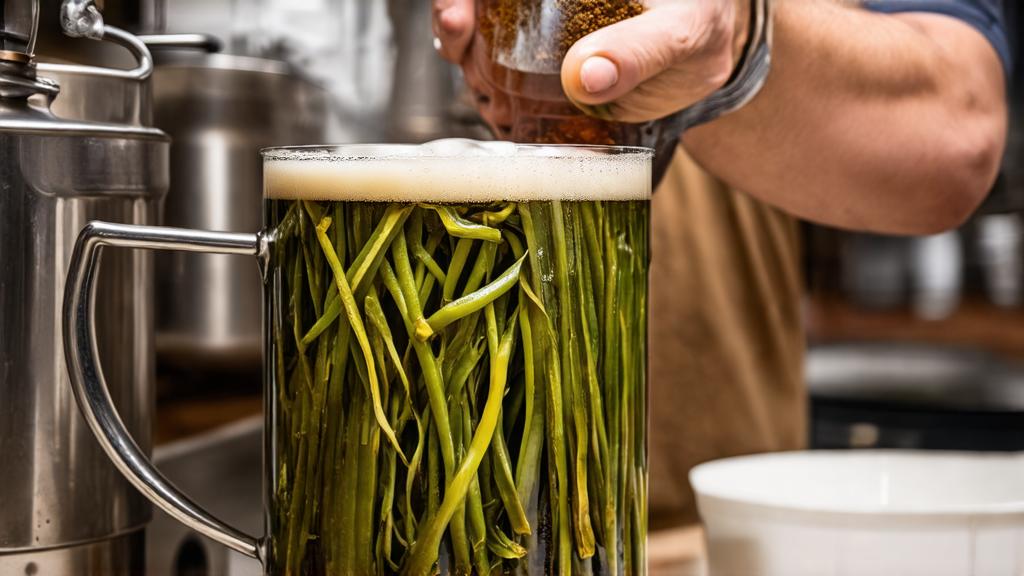 Glass carboys fermenting kelp gose with active airlock, brewery workspace, natural lighting