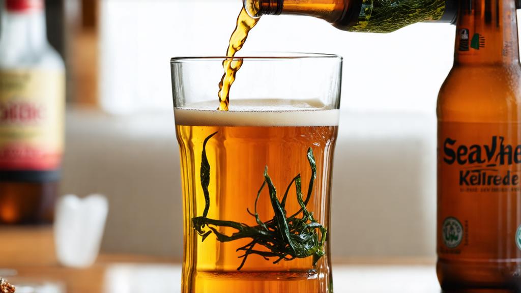 Two pint glasses of golden kelp gose on a wooden bar, natural window lighting, frothy heads