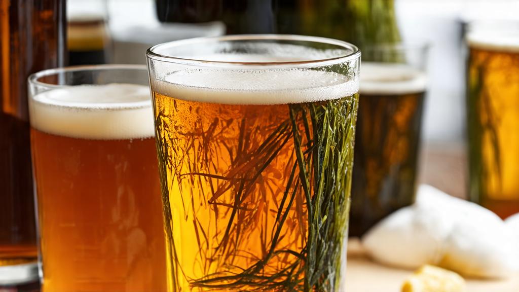 Hand pouring golden kelp ale into a clean pint glass, frothy head rising, warm brewery lighting