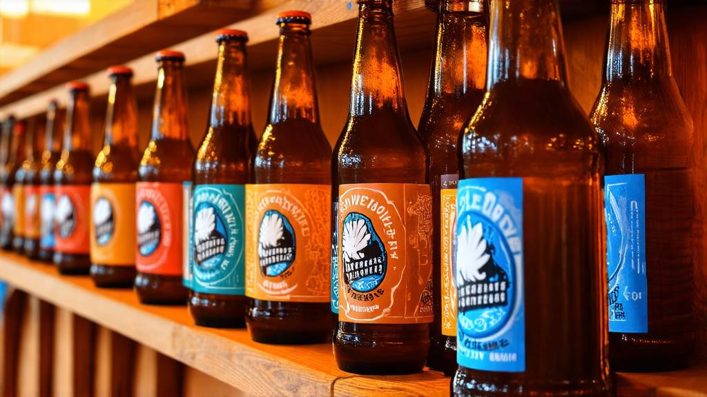 rows of labelled small batch homebrew beer bottles on a wooden shelf