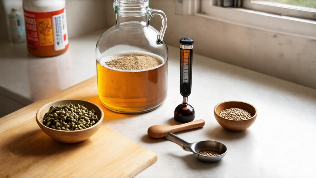 small batch brewing setup on a UK kitchen worktop with a compact demijohn fermenter