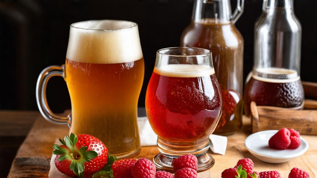 Fresh beer ingredients including hops and malt laid out on a wooden brewing table