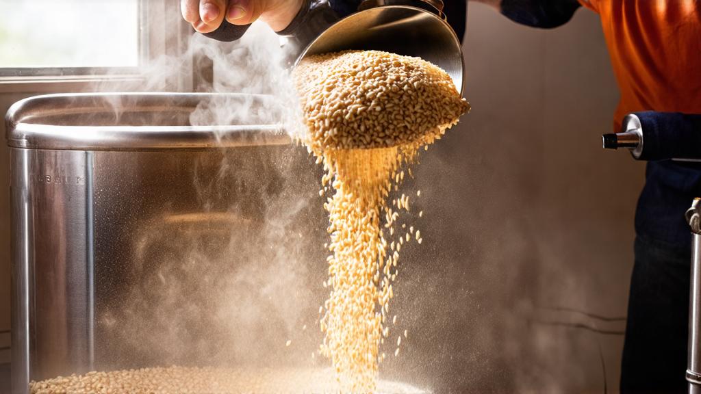 Homebrewer pouring pale malt into a hot liquor tank during mashing, morning sunlight streaming through a garage window