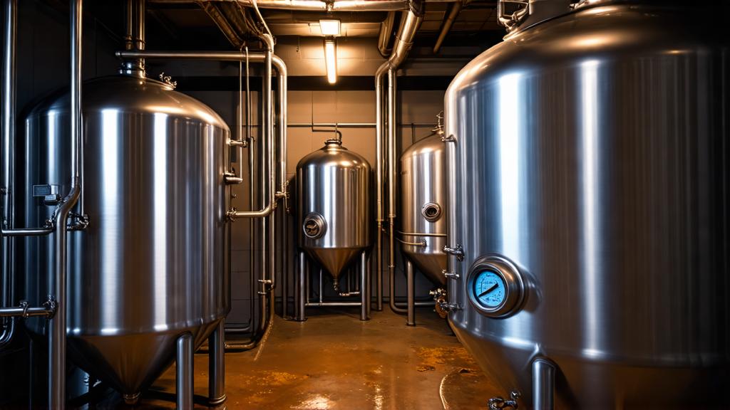 Temperature-controlled fermentation chamber with conical fermenters, dim brewery lighting with blue temperature gauge glow