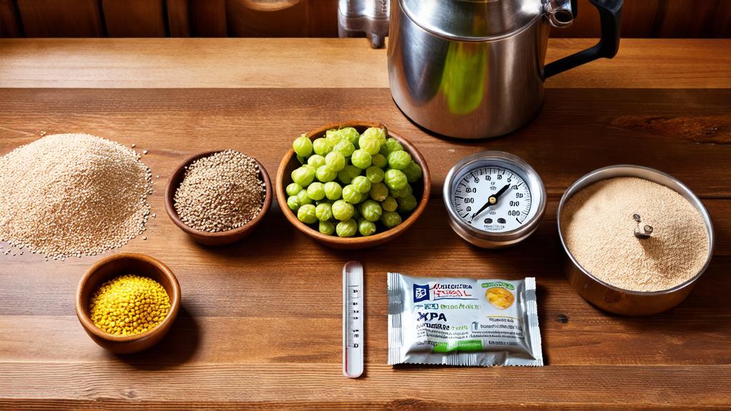 Homebrewing ingredients laid out for brewing XPA: pale malts, Australian base malts, Cascade hops, and Amarillo hops on a wooden table