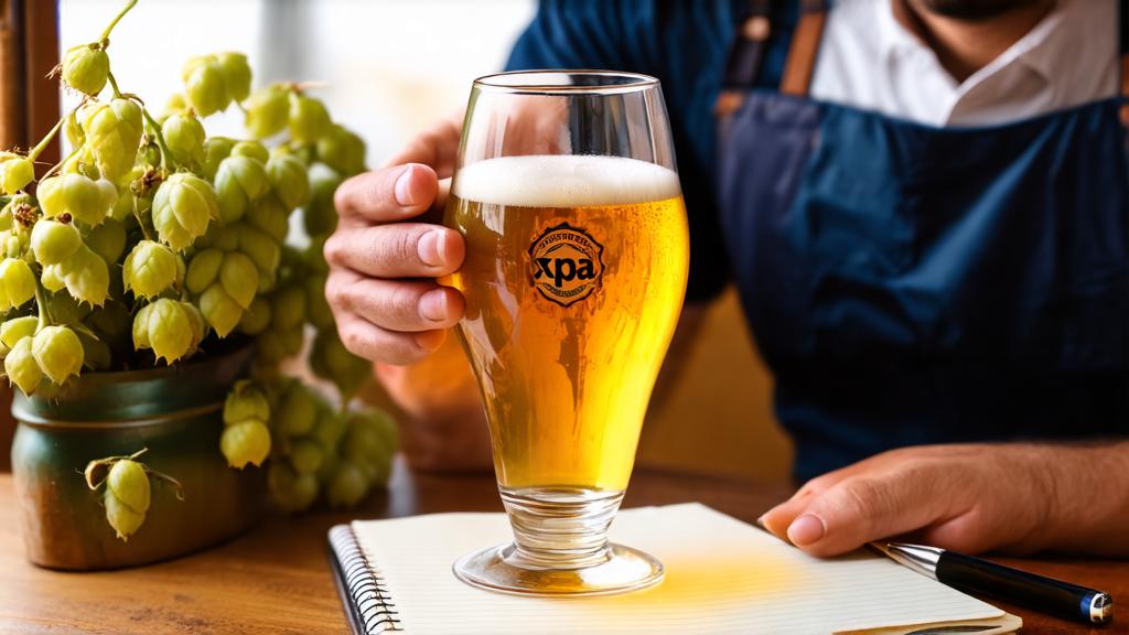 Homebrewer holding a tulip glass filled with golden XPA beer against natural light, tasting notes notebook beside a hop flower arrangement