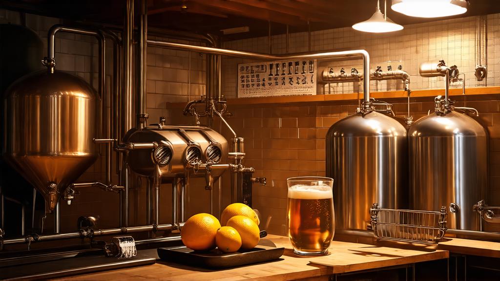Yuzu beer brewing setup with fresh citrus and fermentation equipment