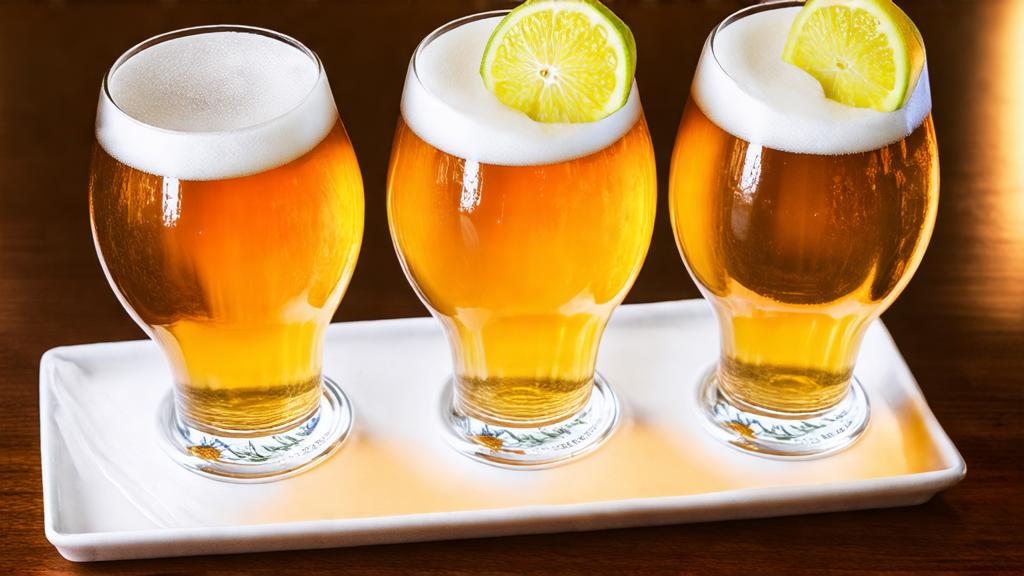 Yuzu beer tasting flight with fresh citrus garnish and professional glassware