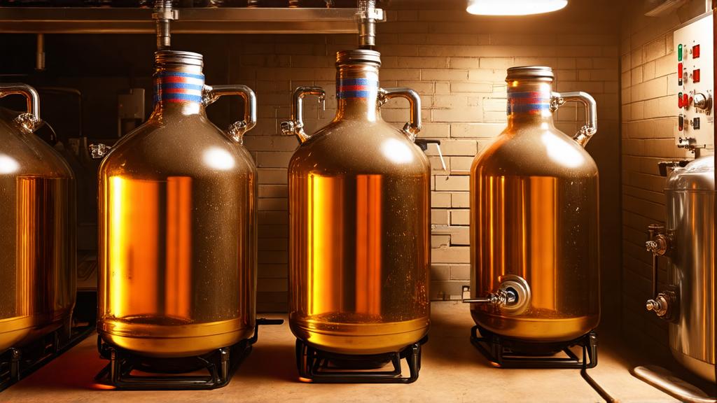 Glass carboy fermentors in a garage brewery filled with amber beer at various stages, with airlocks visible