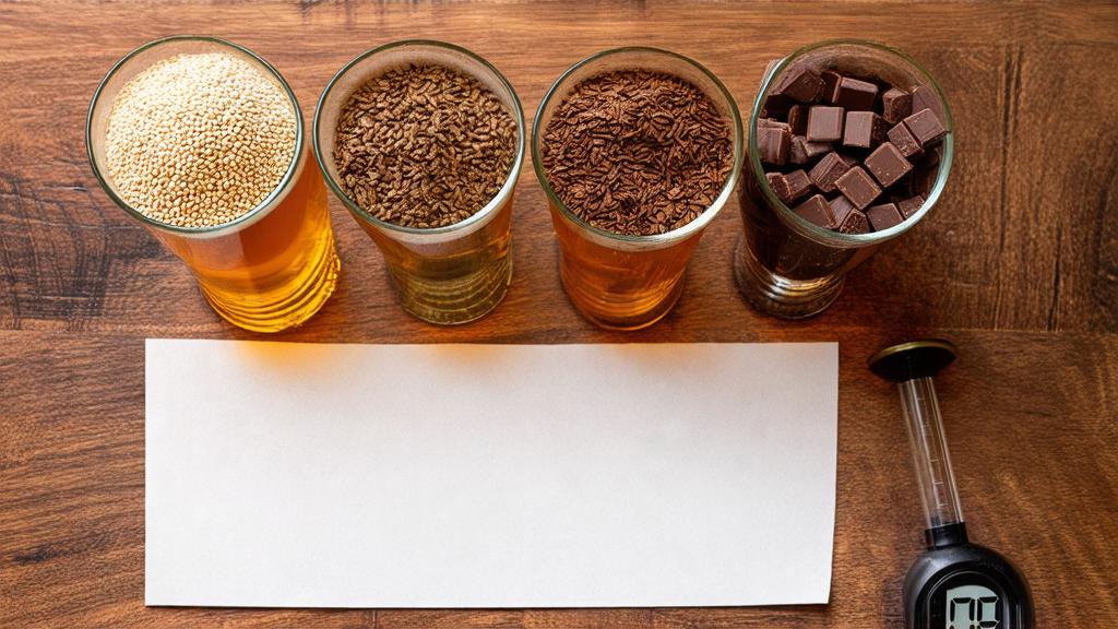 Overhead view of pale ale malt, crystal malt, and chocolate malt in sampling glasses with hydrometer and brewing notes