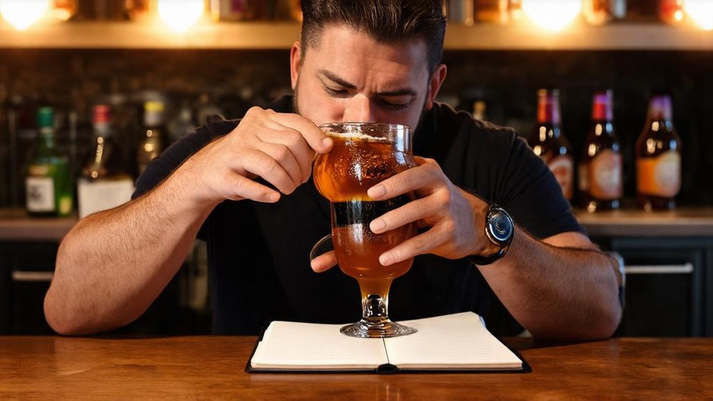 Homebrewer evaluating homebrew in a tasting glass, concentrating on aroma and flavour, with brewing notes visible