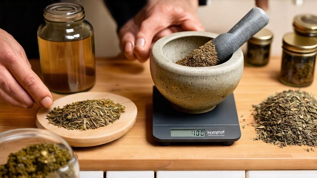Close-up of homebrewer measuring dried herbs into precise portions using a kitchen scale and glass jars