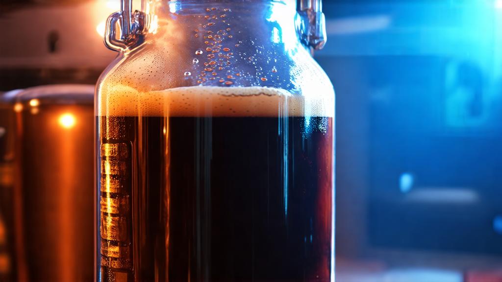 Glass carboy with dark coffee beer fermenting, airlock bubbling, garage brewery setting