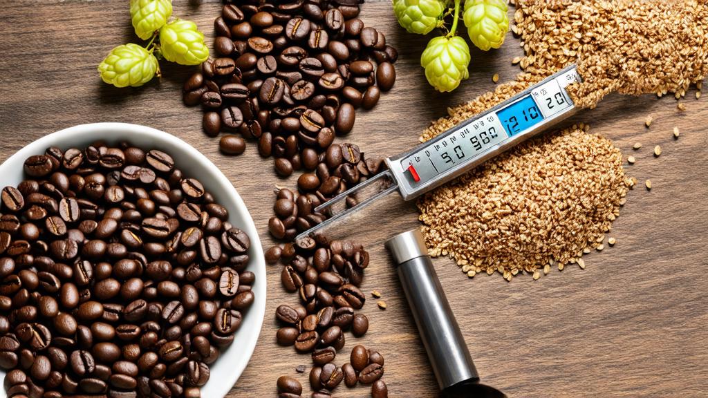 Overhead shot of coffee beans, malt grains, hops, and brewing equipment arranged on wooden table