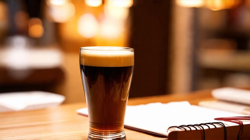 Elegant pour of dark coffee beer into tulip glass with tasting notes visible