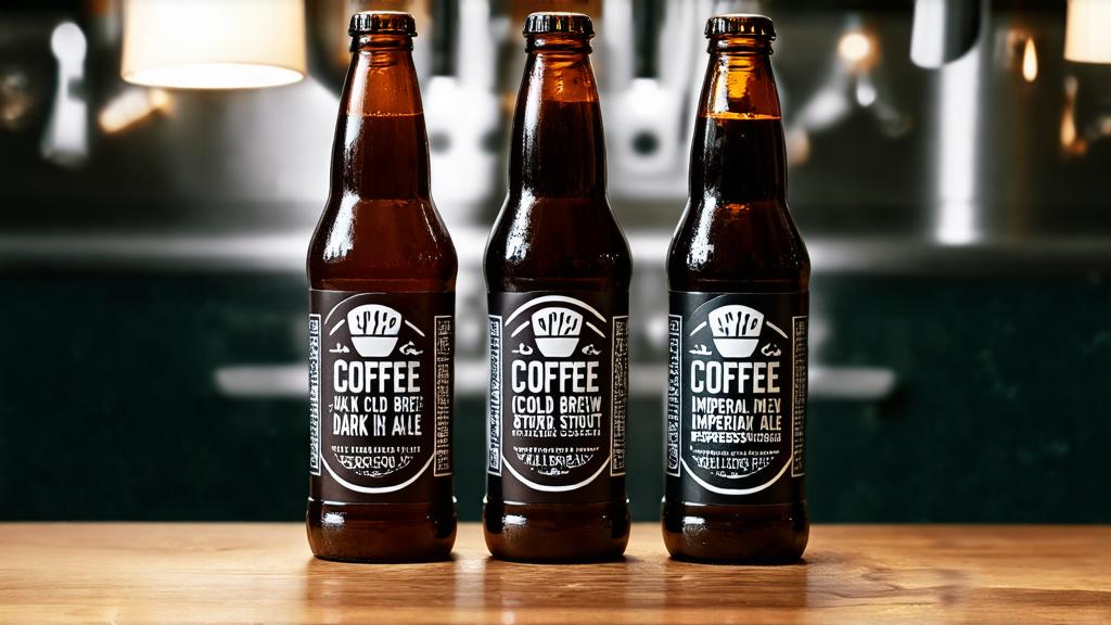 Lineup of three experimental coffee beer bottles with tasting notes cards