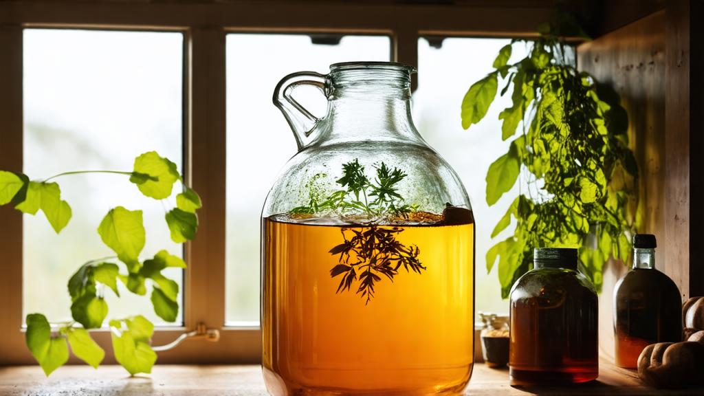 Glass carboy fermenter with amber herbal beer during fermentation, botanical ingredients visible on nearby shelf