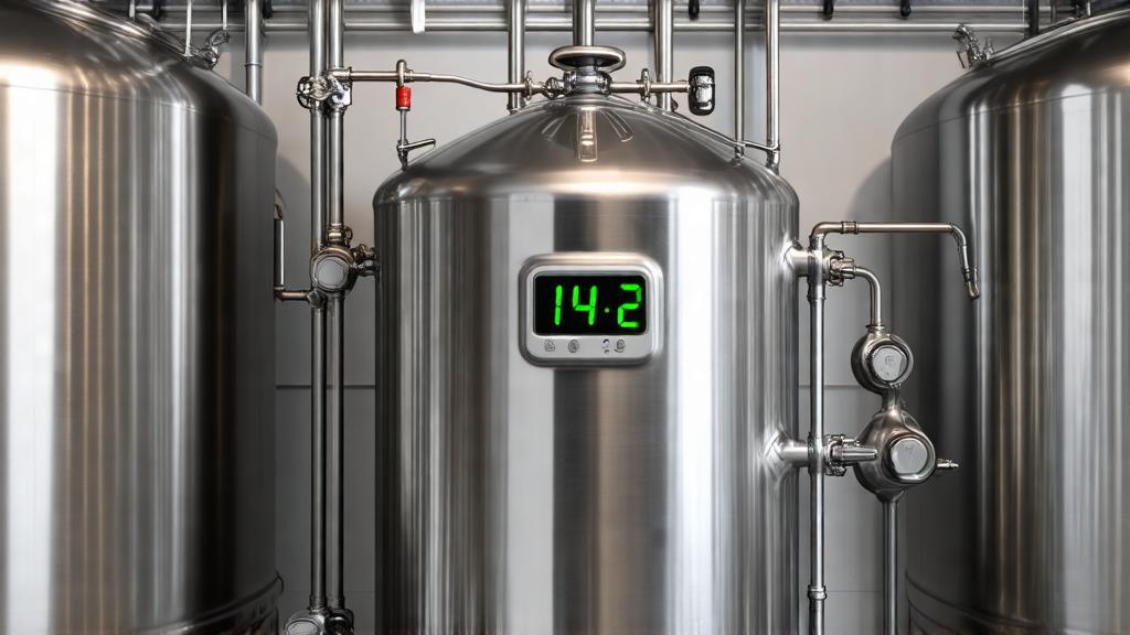 Active fermentation in a glass fermenter filled with dark smoked beer showing foam collar
