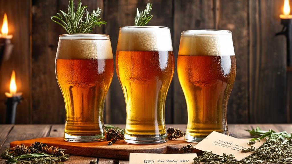 Three pint glasses filled with amber and golden herbal beer, garnished with botanicals on rustic wooden table