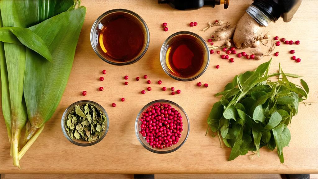 Homebrewer's workspace with botanical ingredients: pink peppercorns, pandan leaves, ashwagandha root, and fresh brewing equipment