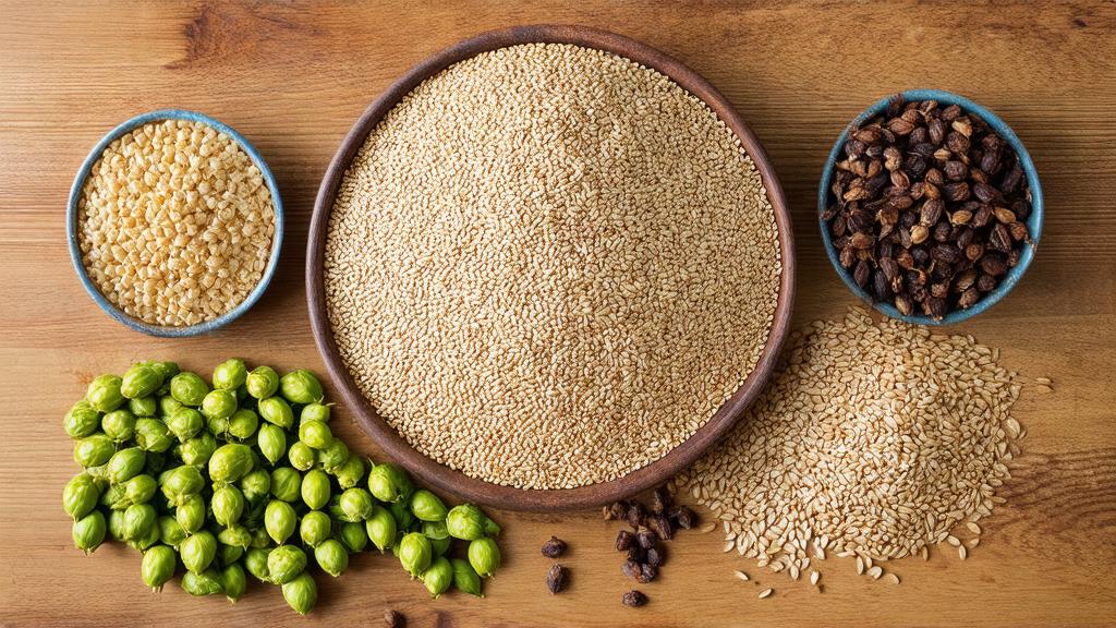 Irish red ale brewing ingredients laid out: pale malt, roasted barley, crystal malt, Irish moss, and English Golding hops