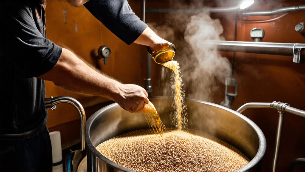 Homebrewer pouring pale malt into mashing vessel with steam rising