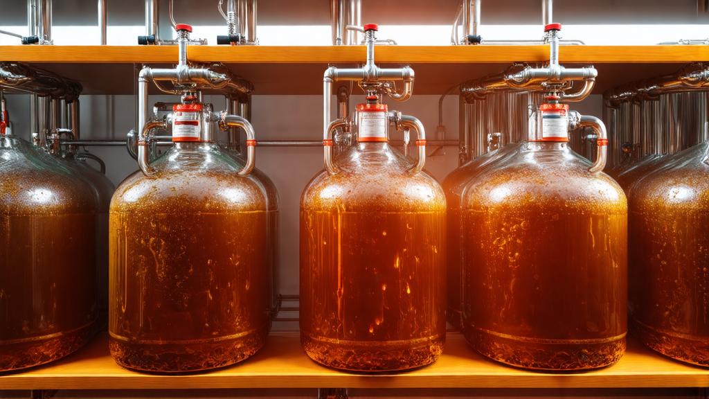 Glass carboys fermenting with airlocks bubbling actively