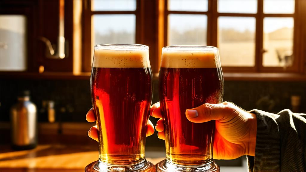 Two pint glasses of Irish red ale with perfect cream heads