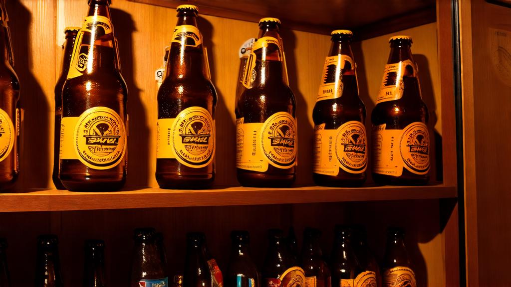 Homebrewed lager bottles arranged on wooden shelves in a cool basement conditioning cellar