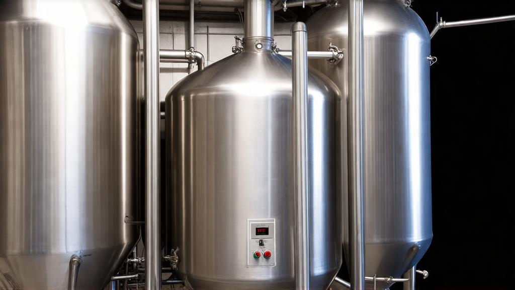 Stainless steel conical fermentation vessel in a temperature-controlled chamber at 50 degrees Fahrenheit