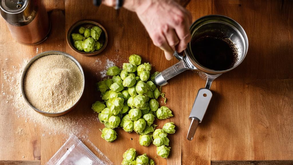 Homebrewer preparing lager ingredients with pale pilsner malt, Czech saaz hops, and lager yeast
