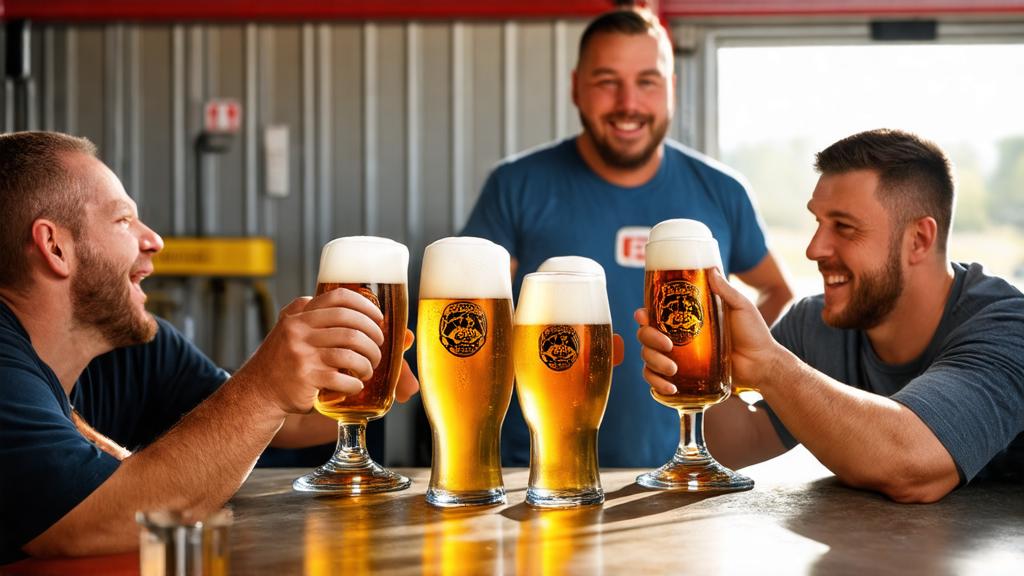 Homebrewer tasting lager with friends in a garage taproom with multiple Czech pilsner glasses