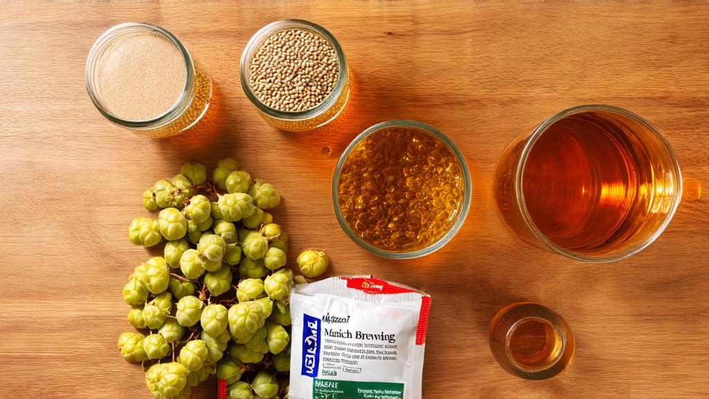 Märzen brewing ingredients: Munich malt, Vienna malt, and noble hops arranged on a wooden table