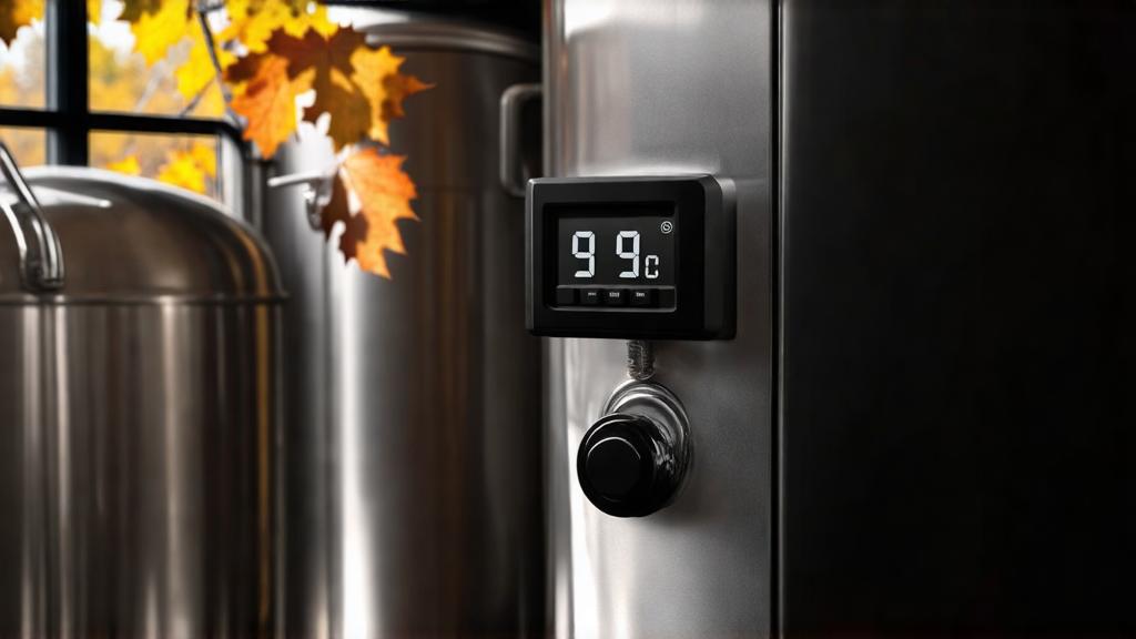 Temperature gauge showing precise 9°C fermentation control in a basement brewery