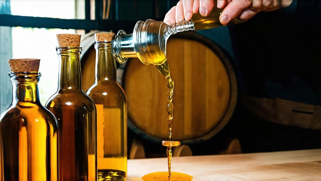 Homebrewer bottling golden mead into cork-stoppered bottles with wooden barrel and cellar lighting