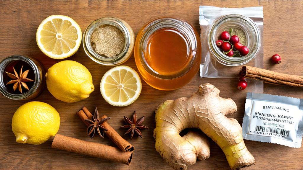 Raw honey jars, fresh lemon, ginger, star anise, cinnamon sticks and yeast arranged on wooden table