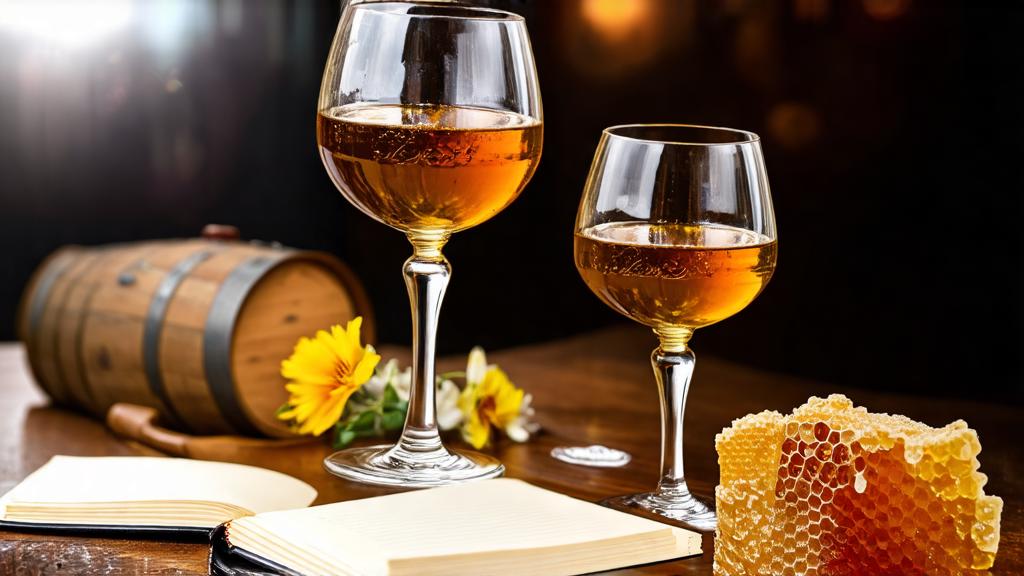 Wine glasses with golden mead held to light, honeycomb and flowers as garnish, cozy tavern aesthetic
