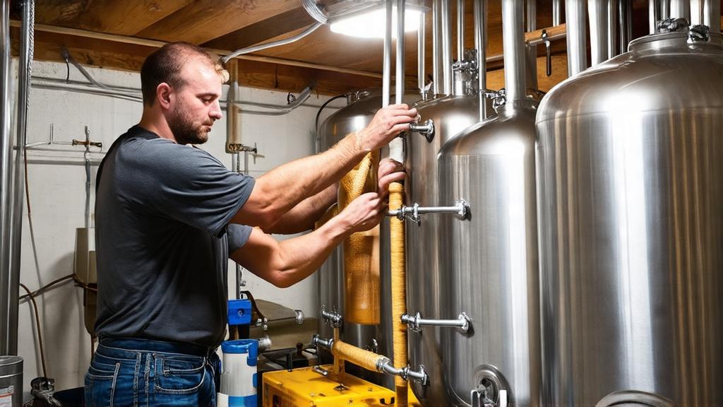 Close-up of roasted malt being added to strike water in brewery kettle