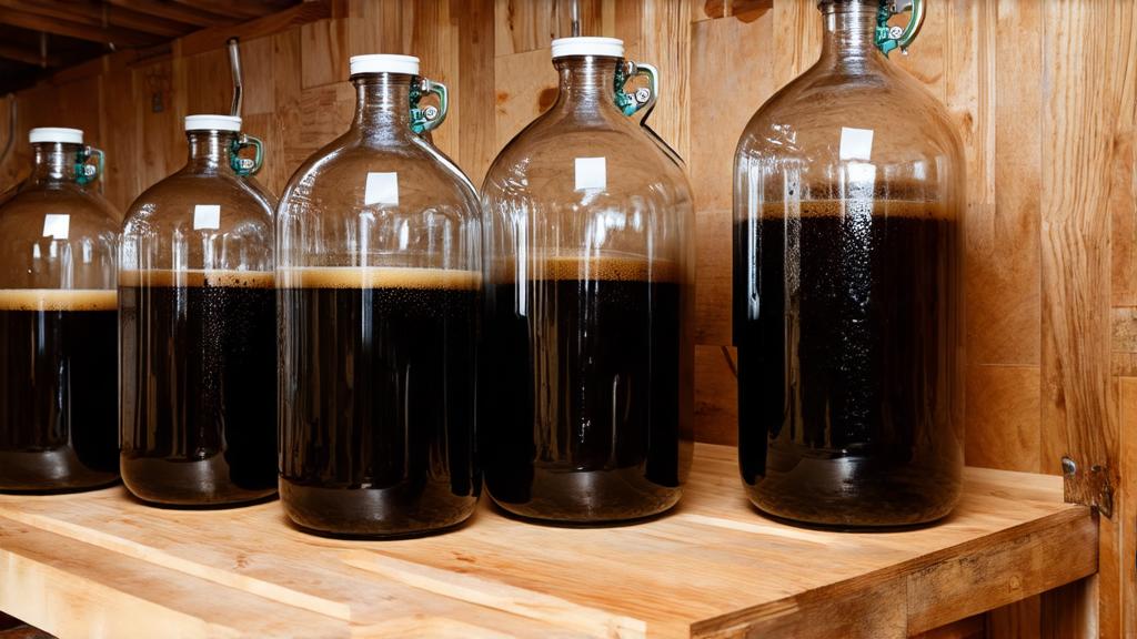 Three glass carboys with dark porter beer fermenting with visible airlocks on cellar shelves