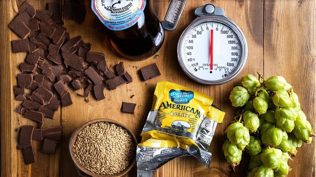 American Porter ingredients laid out: pale malt, chocolate malt, Centennial hops, yeast, hydrometer