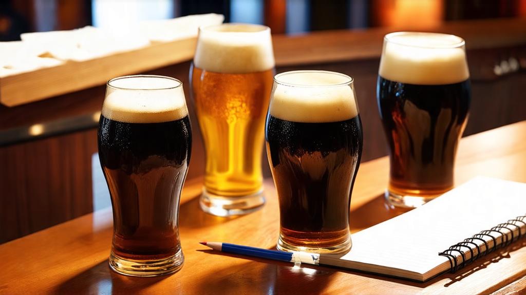 Multiple American Porter beers in pint glasses arranged for sensory evaluation with tasting notes