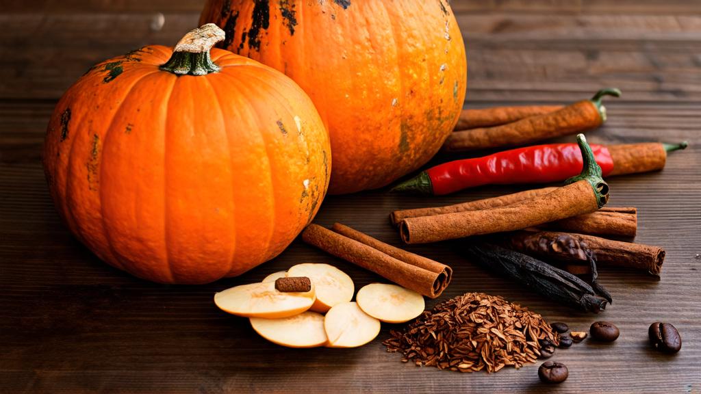 Arranged pumpkin beer ingredients: fresh pumpkins, cinnamon, vanilla beans, habanero, roasted coffee, rooibos tea